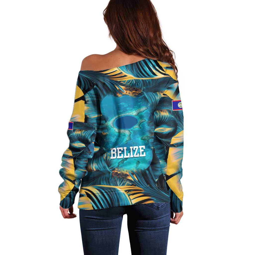 Belize Blue Hole Ocean View Off Shoulder Sweater with Tropical Marine Design and Flag Detail
