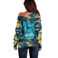 Belize Blue Hole Ocean View Off Shoulder Sweater with Tropical Marine Design and Flag Detail