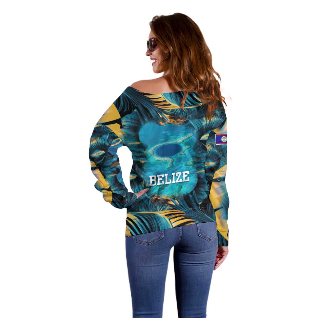 Belize Blue Hole Ocean View Off Shoulder Sweater with Tropical Marine Design and Flag Detail