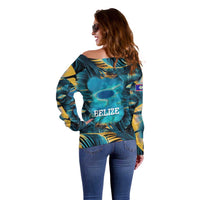 Belize Blue Hole Ocean View Off Shoulder Sweater with Tropical Marine Design and Flag Detail