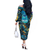Belize Blue Hole Ocean View Off The Shoulder Long Sleeve Dress with Tropical Marine Design and Flag Detail