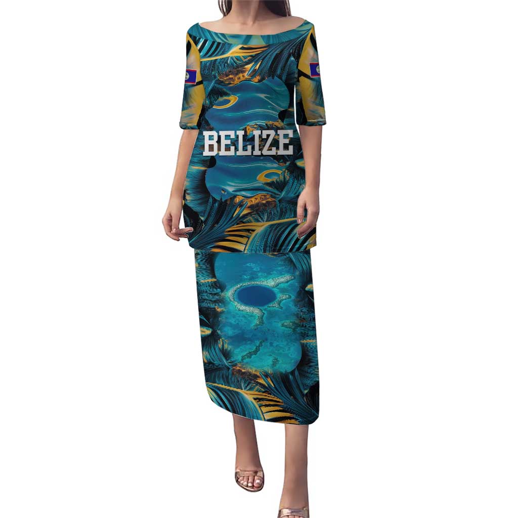 Belize Blue Hole Ocean View Puletasi with Tropical Marine Design and Flag Detail