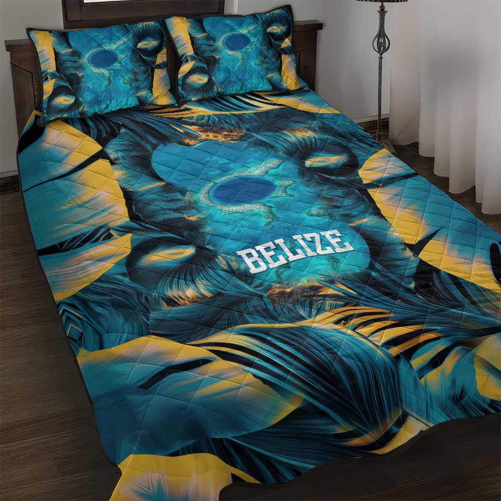 Belize Blue Hole Ocean View Quilt Bed Set with Tropical Marine Design and Flag Detail