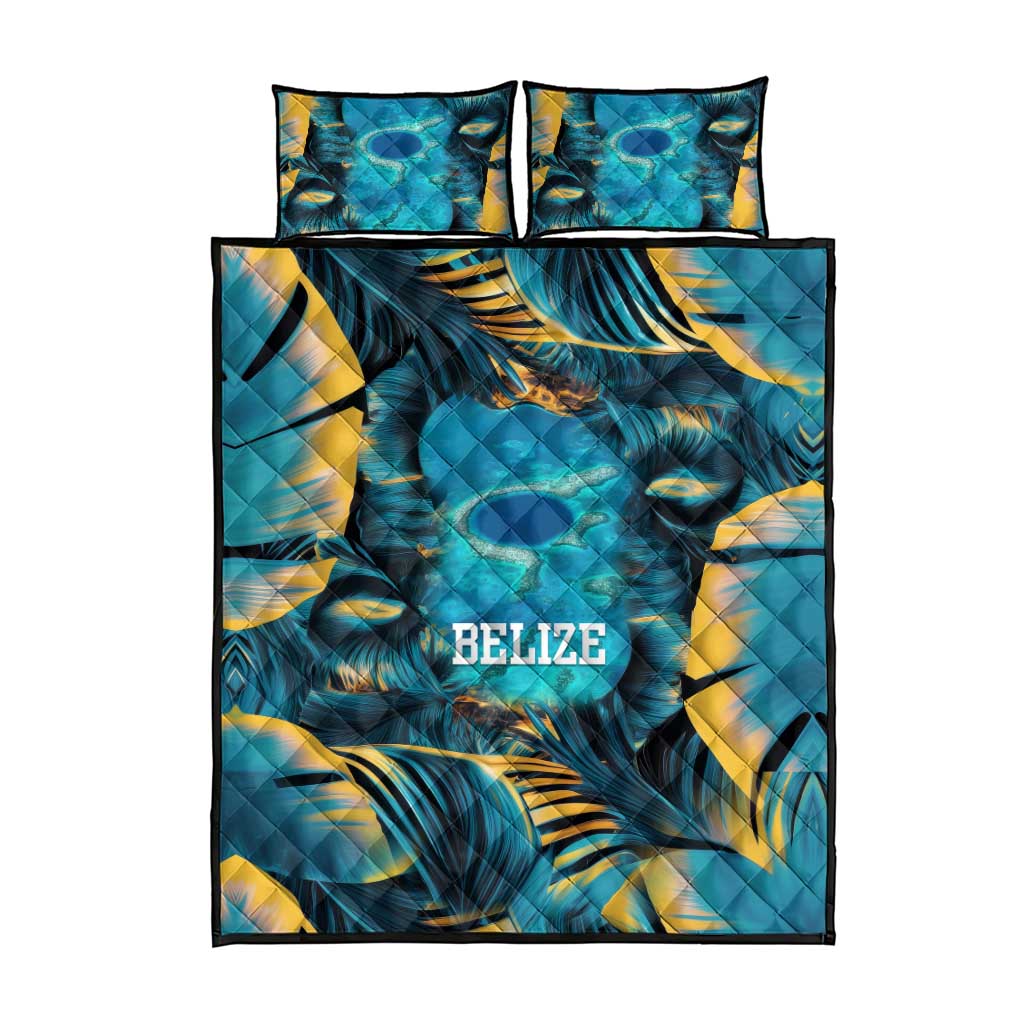 Belize Blue Hole Ocean View Quilt Bed Set with Tropical Marine Design and Flag Detail