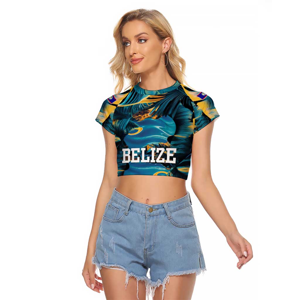 Belize Blue Hole Ocean View Raglan Cropped T Shirt with Tropical Marine Design and Flag Detail
