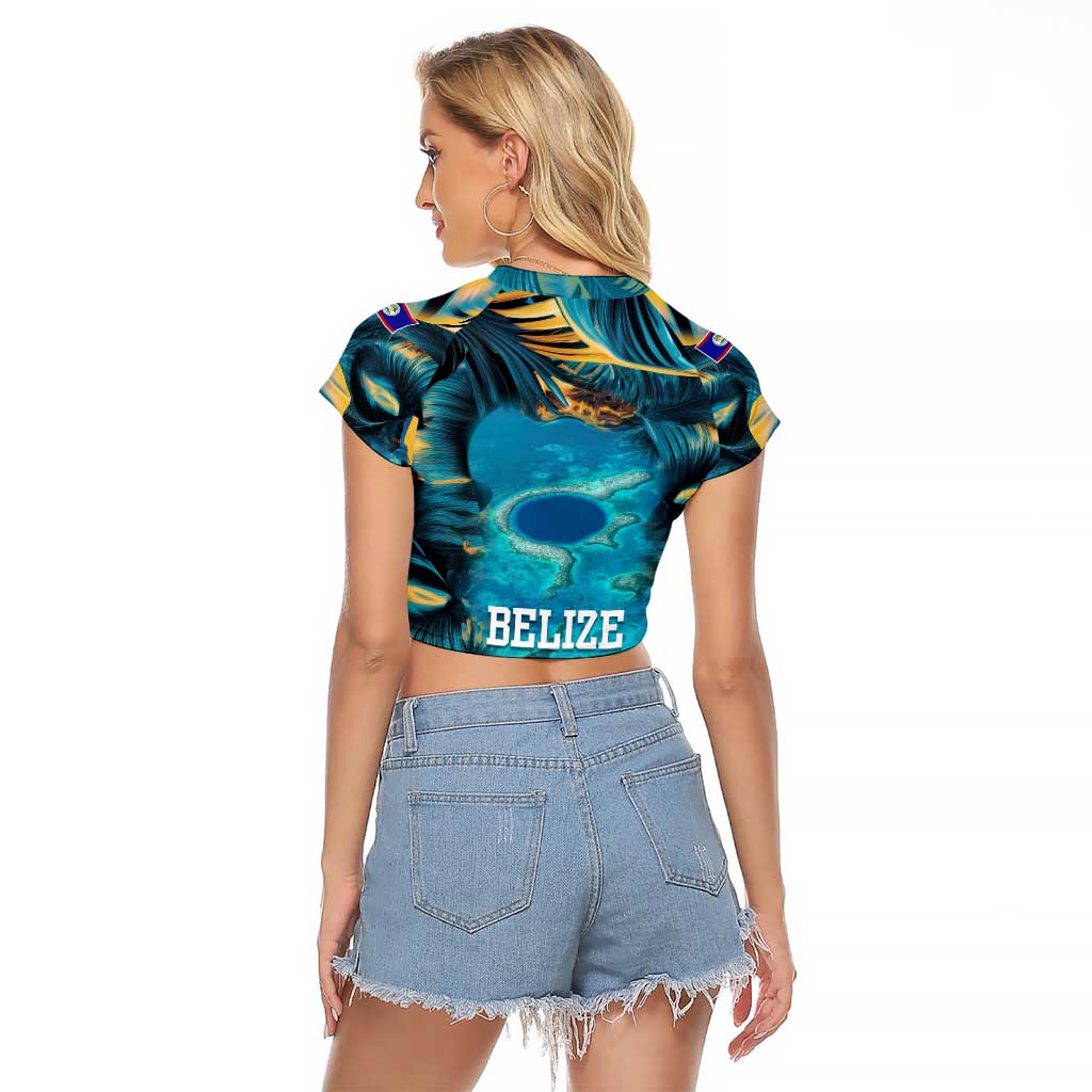 Belize Blue Hole Ocean View Raglan Cropped T Shirt with Tropical Marine Design and Flag Detail