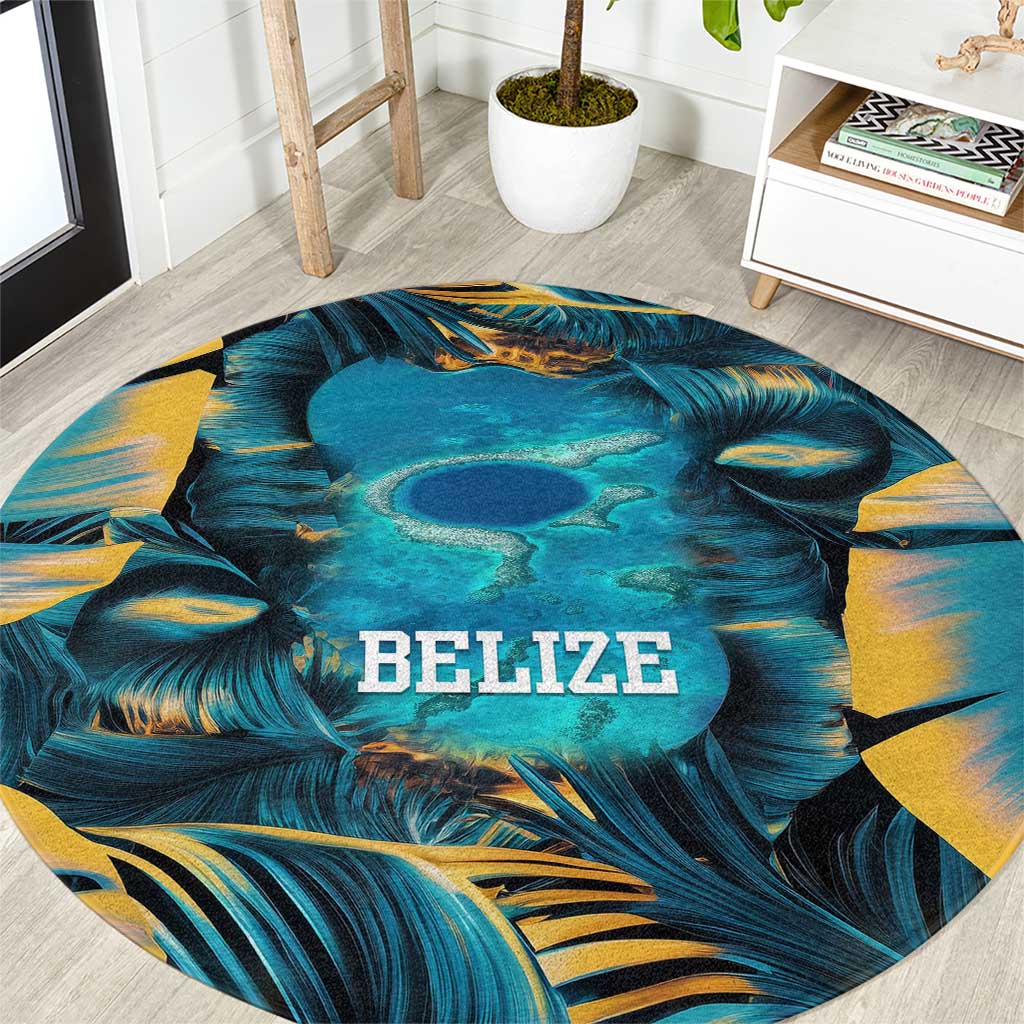 Belize Blue Hole Ocean View Round Carpet with Tropical Marine Design and Flag Detail