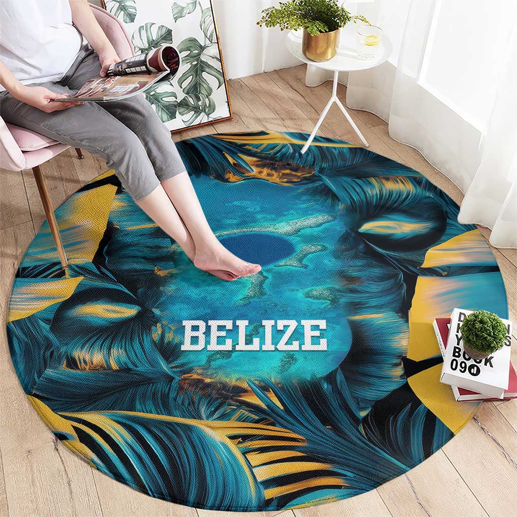 Belize Blue Hole Ocean View Round Carpet with Tropical Marine Design and Flag Detail