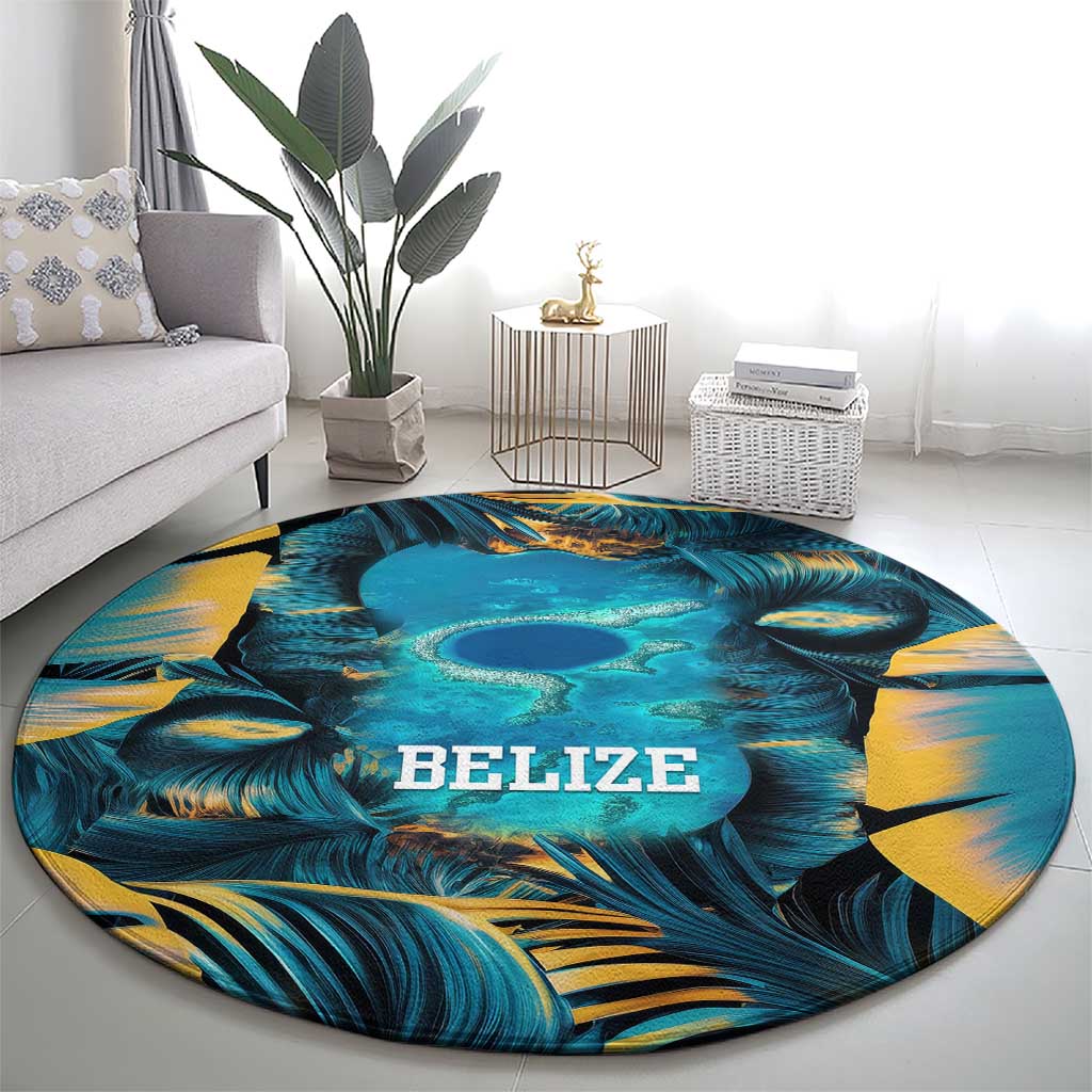 Belize Blue Hole Ocean View Round Carpet with Tropical Marine Design and Flag Detail