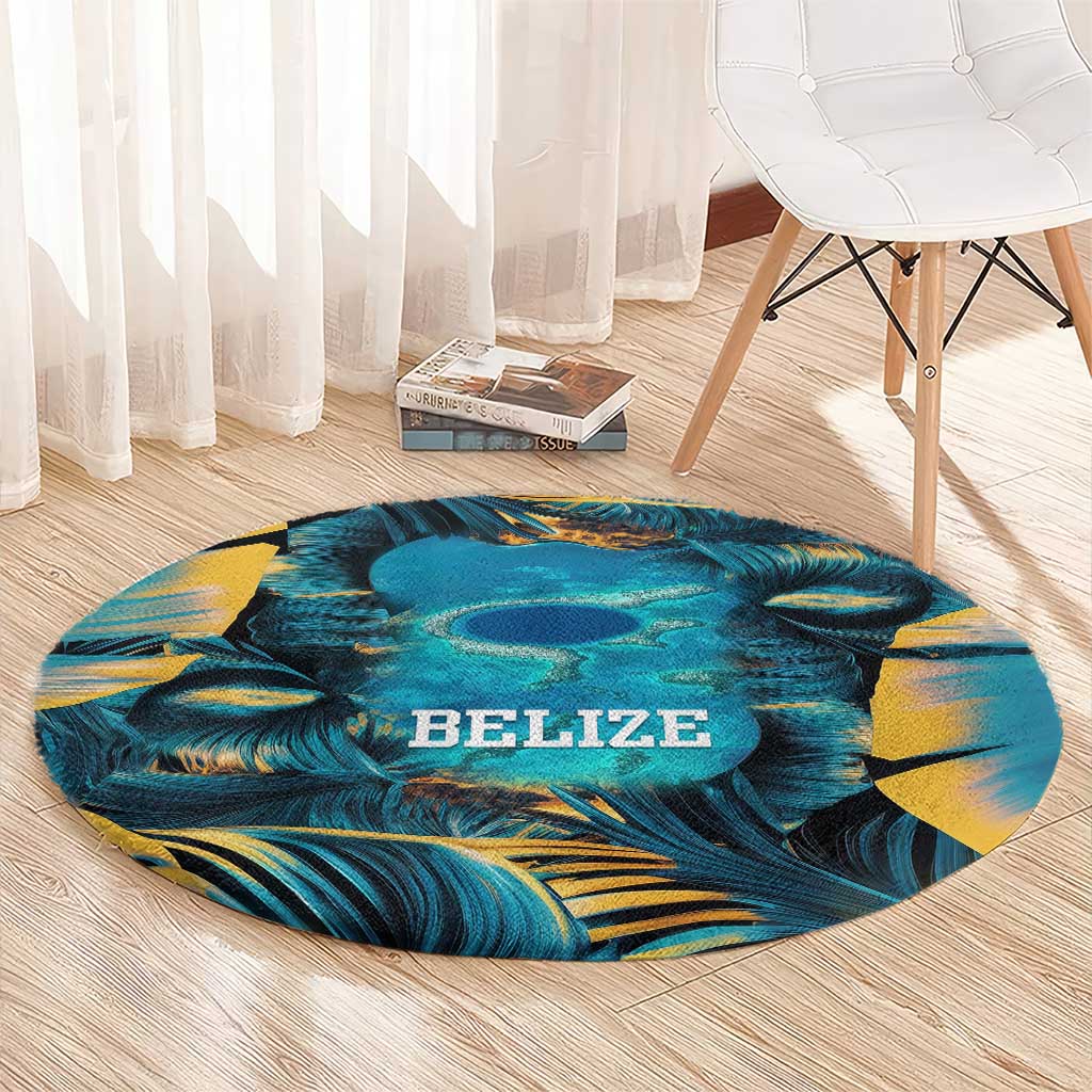 Belize Blue Hole Ocean View Round Carpet with Tropical Marine Design and Flag Detail