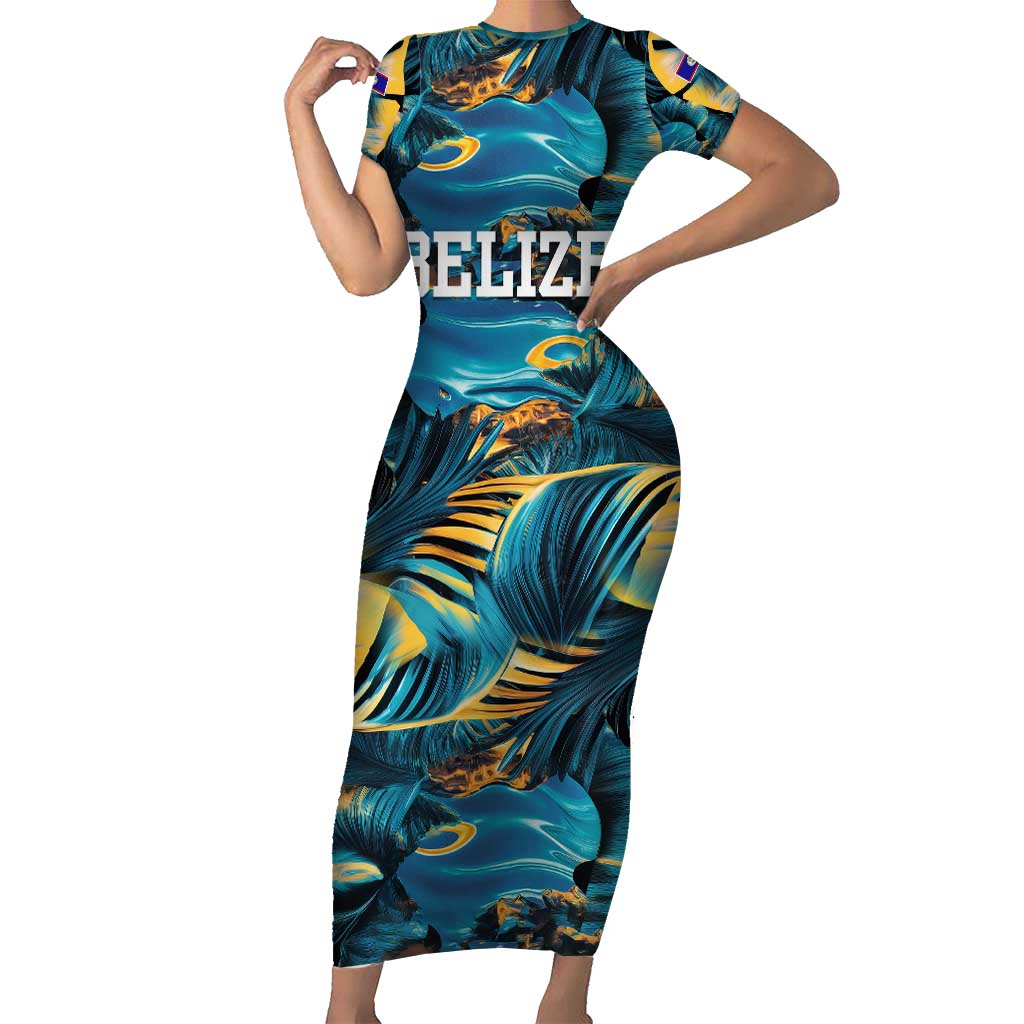 Belize Blue Hole Ocean View Short Sleeve Bodycon Dress with Tropical Marine Design and Flag Detail