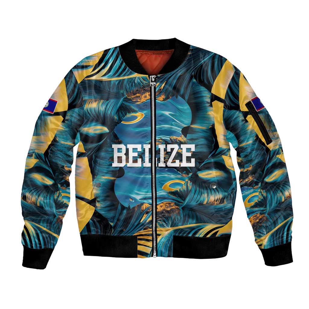 Belize Blue Hole Ocean View Sleeve Zip Bomber Jacket with Tropical Marine Design and Flag Detail
