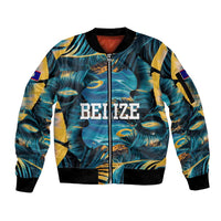 Belize Blue Hole Ocean View Sleeve Zip Bomber Jacket with Tropical Marine Design and Flag Detail