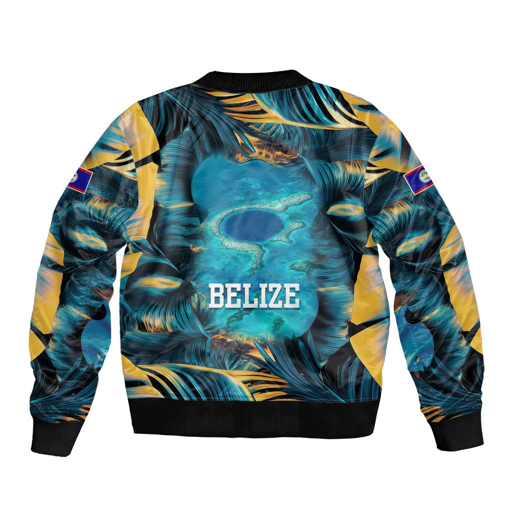 Belize Blue Hole Ocean View Sleeve Zip Bomber Jacket with Tropical Marine Design and Flag Detail