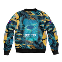 Belize Blue Hole Ocean View Sleeve Zip Bomber Jacket with Tropical Marine Design and Flag Detail