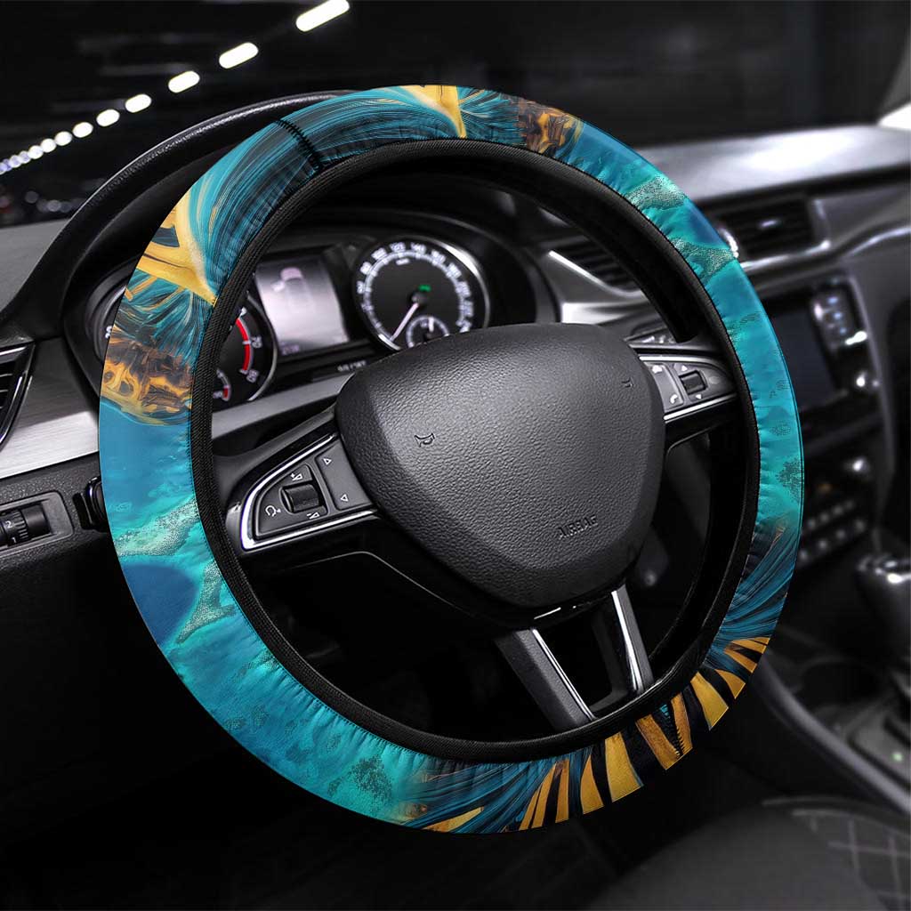 Belize Blue Hole Ocean View Steering Wheel Cover with Tropical Marine Design and Flag Detail