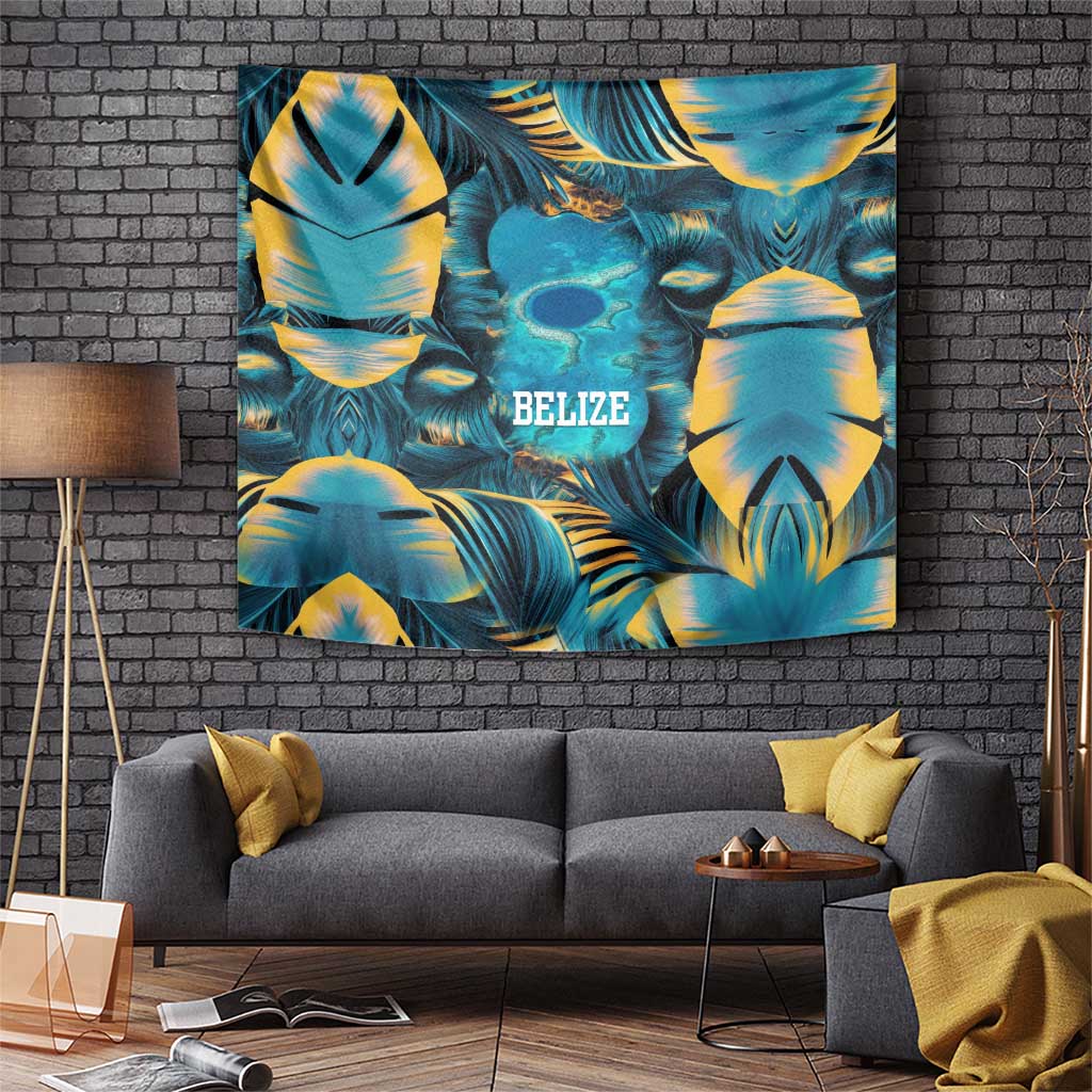 Belize Blue Hole Ocean View Tapestry with Tropical Marine Design and Flag Detail