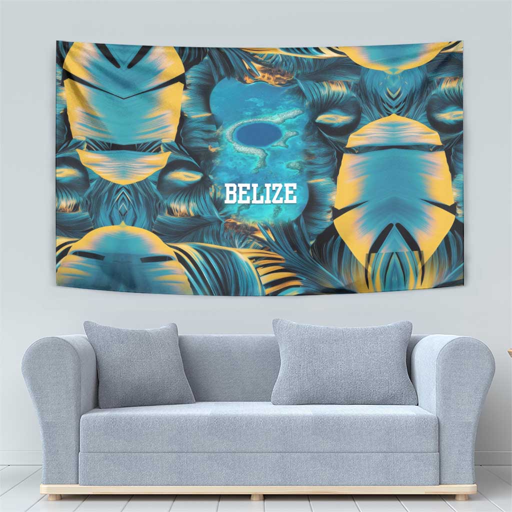 Belize Blue Hole Ocean View Tapestry with Tropical Marine Design and Flag Detail