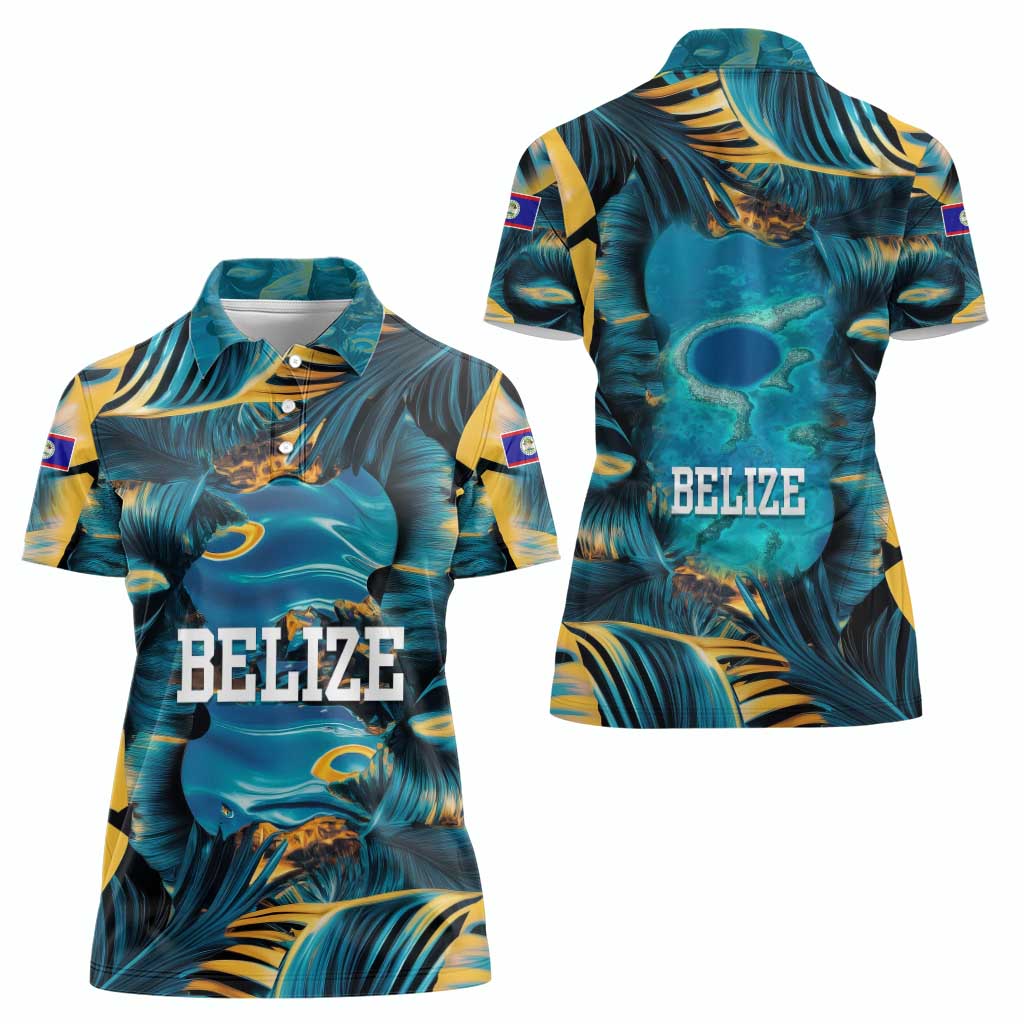 Belize Blue Hole Ocean View Women Polo Shirt with Tropical Marine Design and Flag Detail