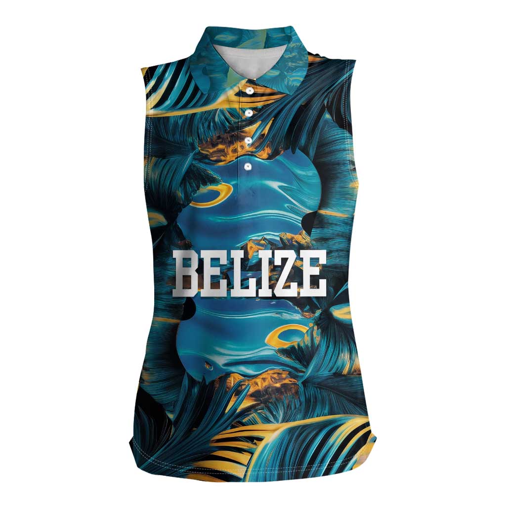 Belize Blue Hole Ocean View Women Sleeveless Polo Shirt with Tropical Marine Design and Flag Detail