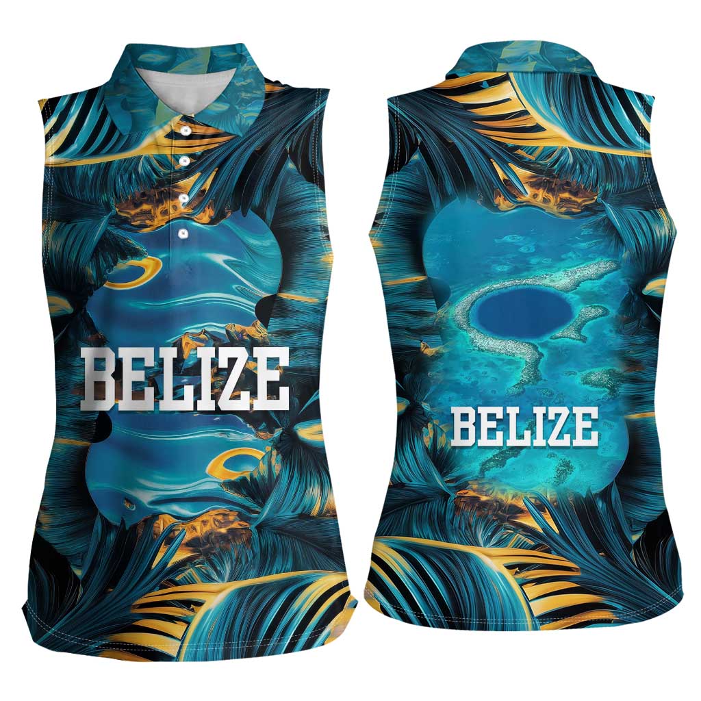 Belize Blue Hole Ocean View Women Sleeveless Polo Shirt with Tropical Marine Design and Flag Detail