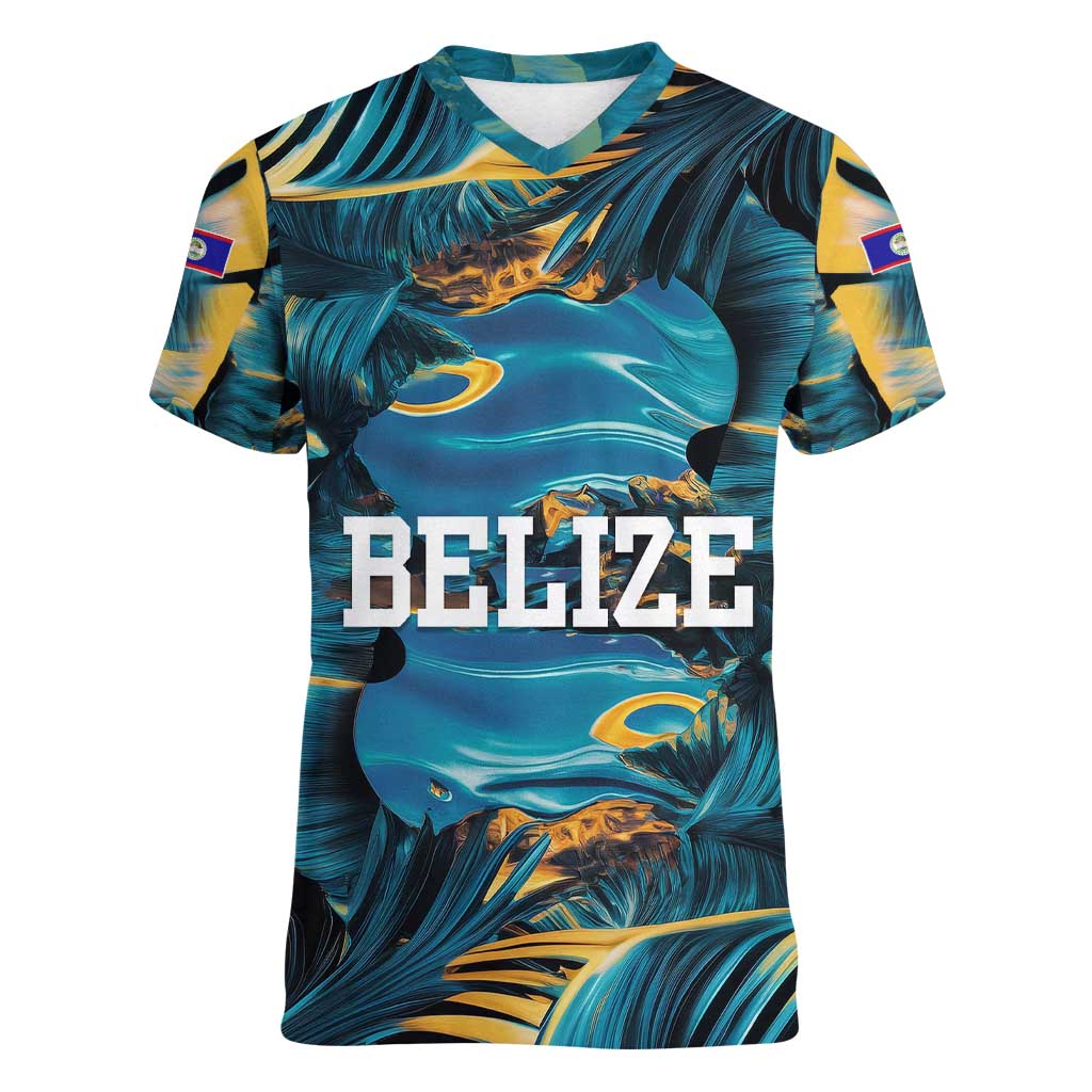 Belize Blue Hole Ocean View Women V-Neck T-Shirt with Tropical Marine Design and Flag Detail