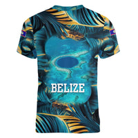 Belize Blue Hole Ocean View Women V-Neck T-Shirt with Tropical Marine Design and Flag Detail