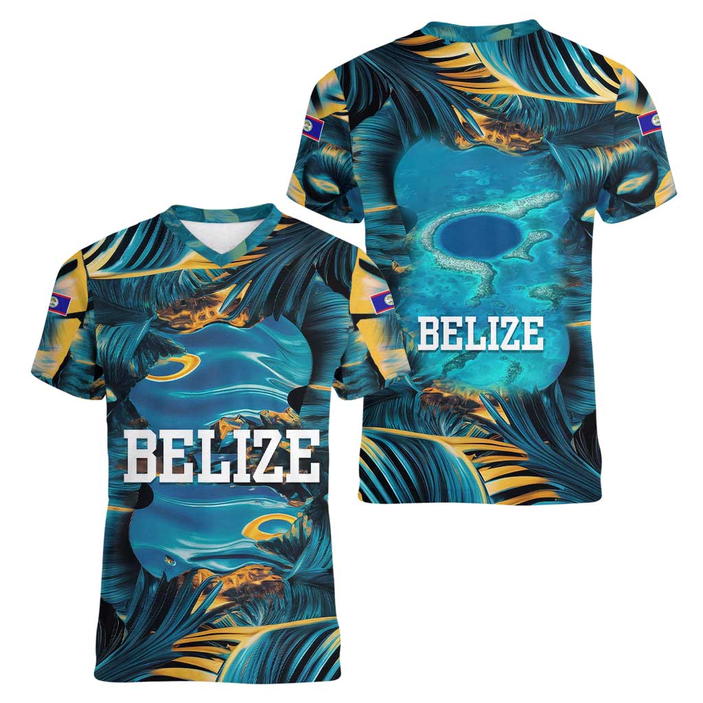 Belize Blue Hole Ocean View Women V-Neck T-Shirt with Tropical Marine Design and Flag Detail