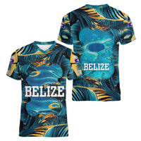 Belize Blue Hole Ocean View Women V-Neck T-Shirt with Tropical Marine Design and Flag Detail