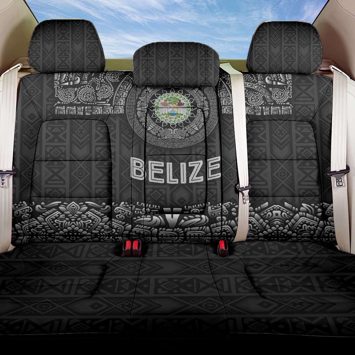 Belize Tribal Pattern Back Car Seat Cover with National Emblem and Mayan Pyramid Design