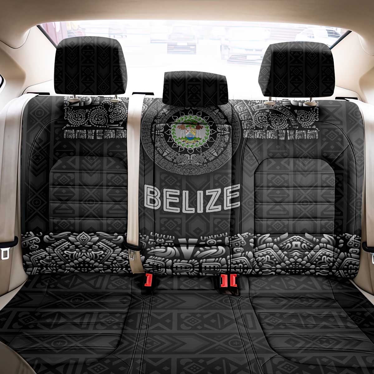 Belize Tribal Pattern Back Car Seat Cover with National Emblem and Mayan Pyramid Design
