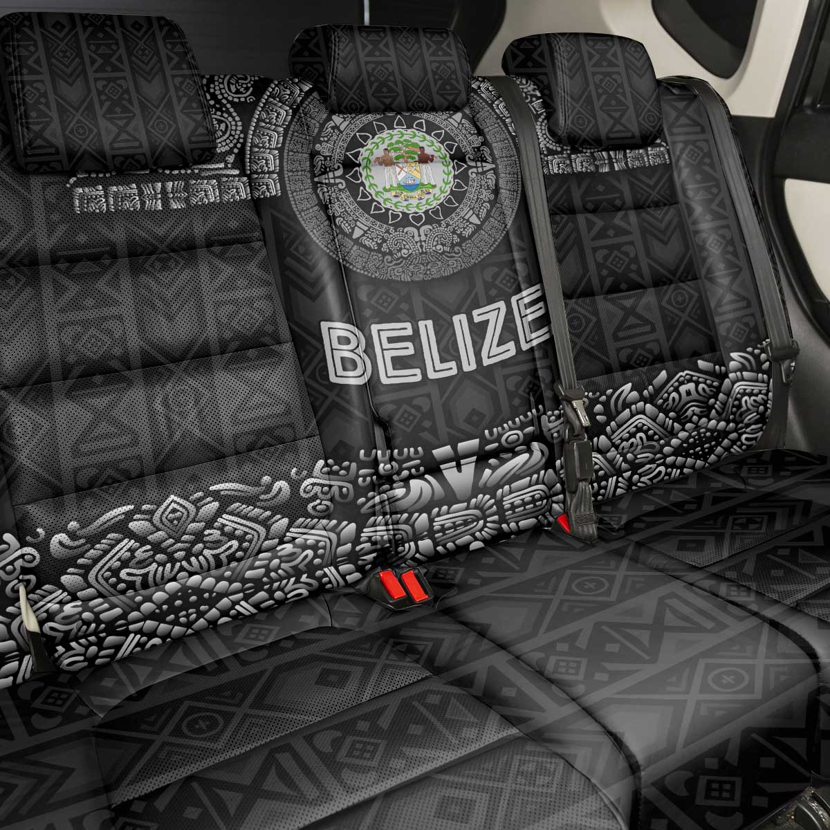 Belize Tribal Pattern Back Car Seat Cover with National Emblem and Mayan Pyramid Design