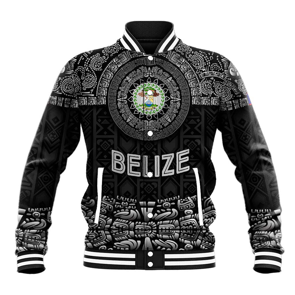 Belize Tribal Pattern Baseball Jacket with National Emblem and Mayan Pyramid Design