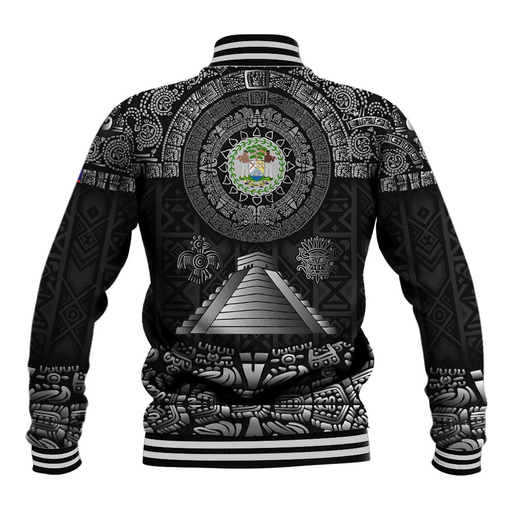 Belize Tribal Pattern Baseball Jacket with National Emblem and Mayan Pyramid Design