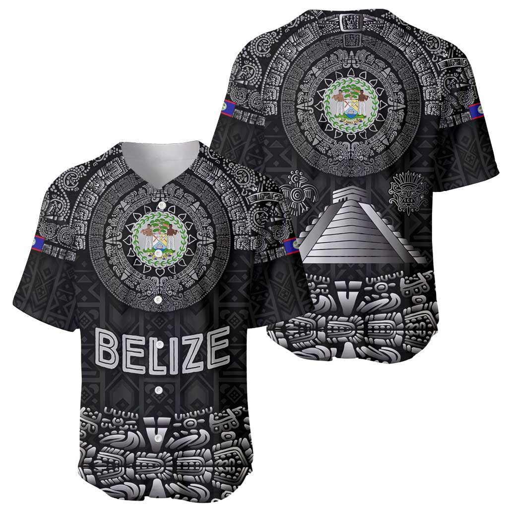 Belize Tribal Pattern Baseball Jersey with National Emblem and Mayan Pyramid Design