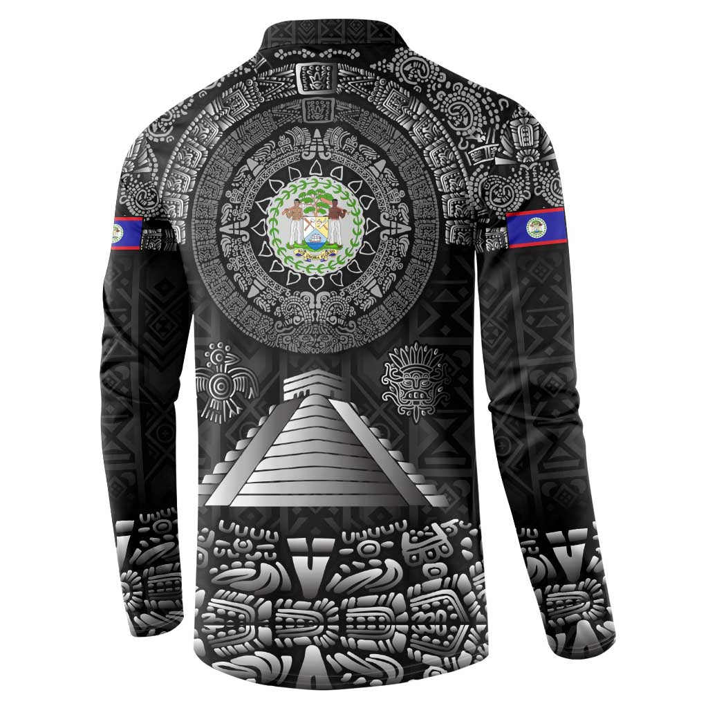 Belize Tribal Pattern Button Sweatshirt with National Emblem and Mayan Pyramid Design