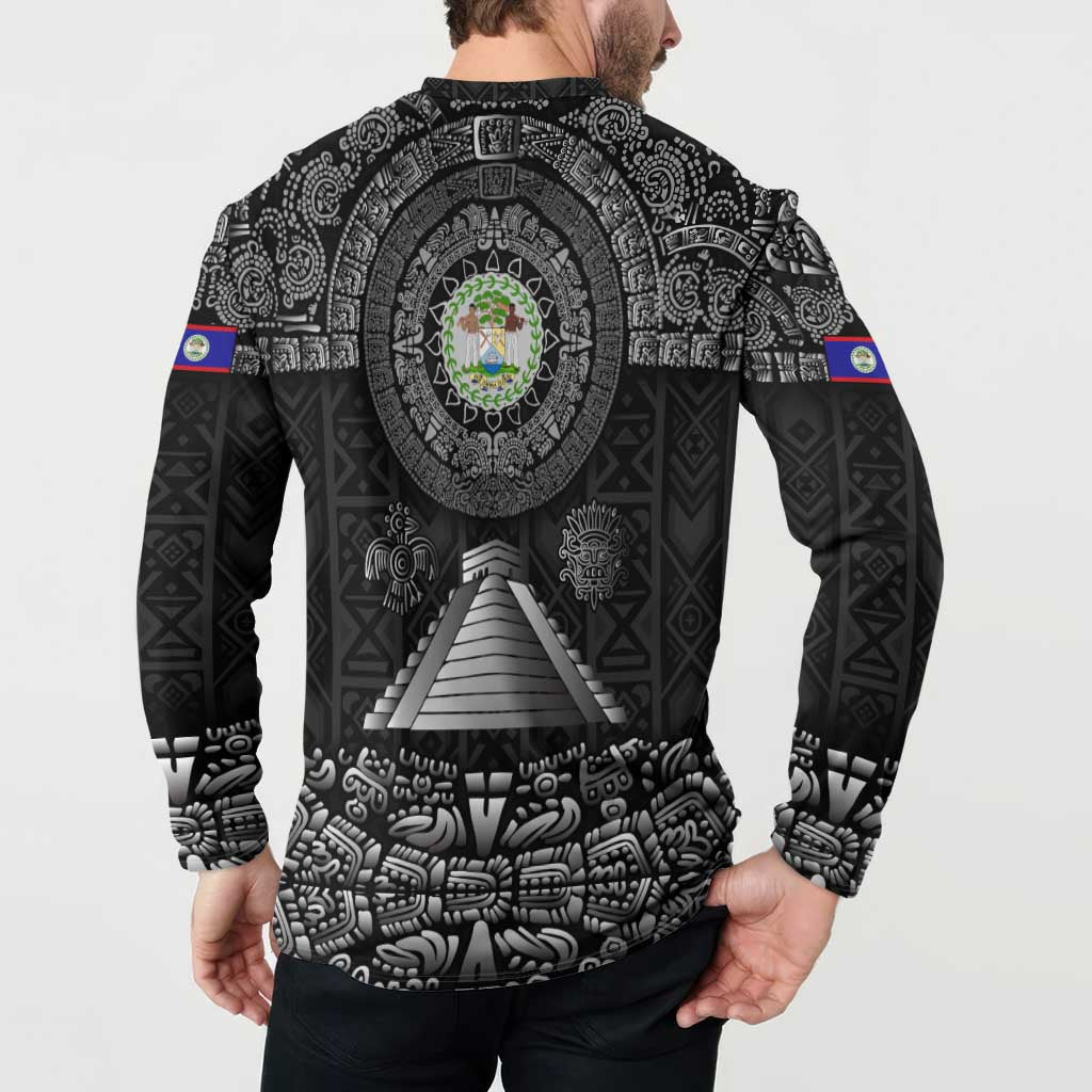 Belize Tribal Pattern Button Sweatshirt with National Emblem and Mayan Pyramid Design