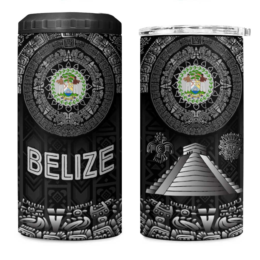 Belize Tribal Pattern 4 in 1 Can Cooler Tumbler with National Emblem and Mayan Pyramid Design