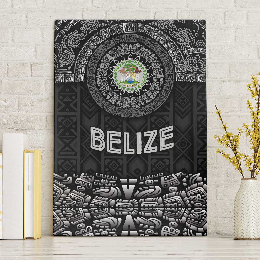 Belize Tribal Pattern Canvas Wall Art with National Emblem and Mayan Pyramid Design