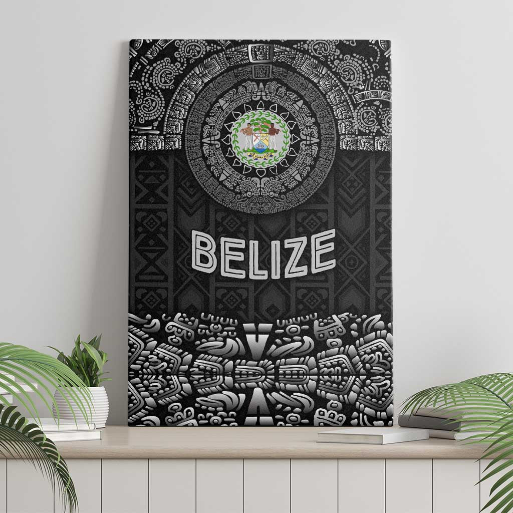 Belize Tribal Pattern Canvas Wall Art with National Emblem and Mayan Pyramid Design