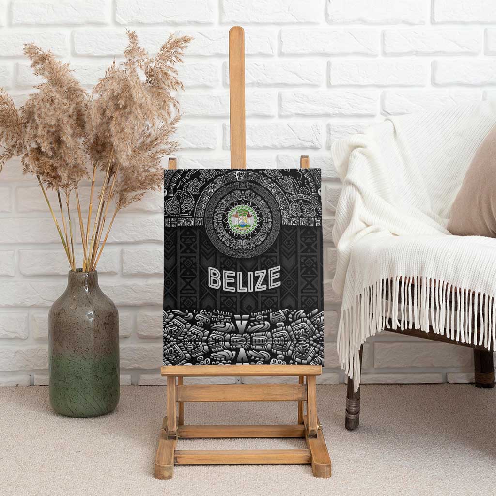 Belize Tribal Pattern Canvas Wall Art with National Emblem and Mayan Pyramid Design