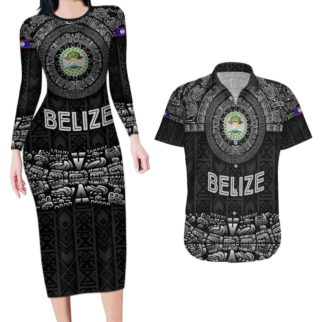 Belize Tribal Pattern Couples Matching Long Sleeve Bodycon Dress and Hawaiian Shirt with National Emblem and Mayan Pyramid Design