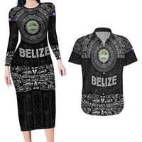 Belize Tribal Pattern Couples Matching Long Sleeve Bodycon Dress and Hawaiian Shirt with National Emblem and Mayan Pyramid Design