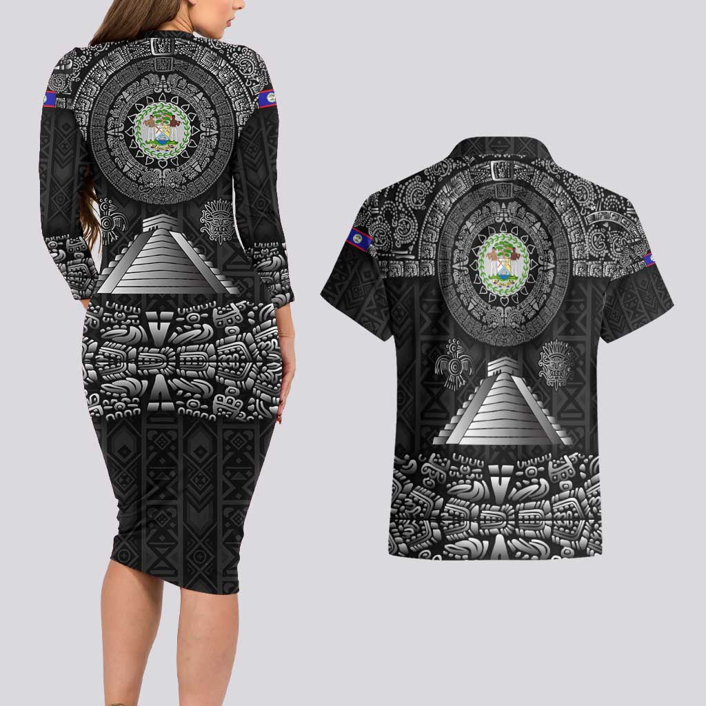 Belize Tribal Pattern Couples Matching Long Sleeve Bodycon Dress and Hawaiian Shirt with National Emblem and Mayan Pyramid Design