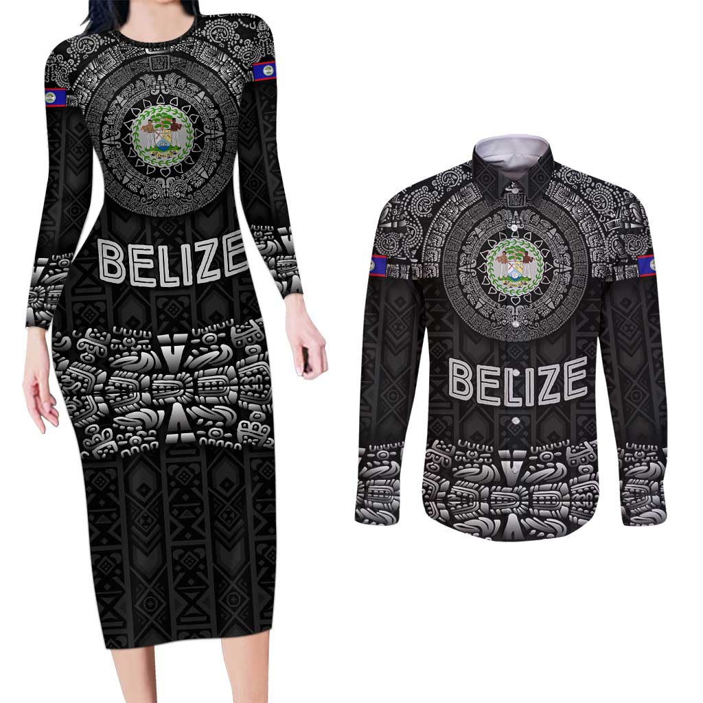 Belize Tribal Pattern Couples Matching Long Sleeve Bodycon Dress and Long Sleeve Button Shirt with National Emblem and Mayan Pyramid Design
