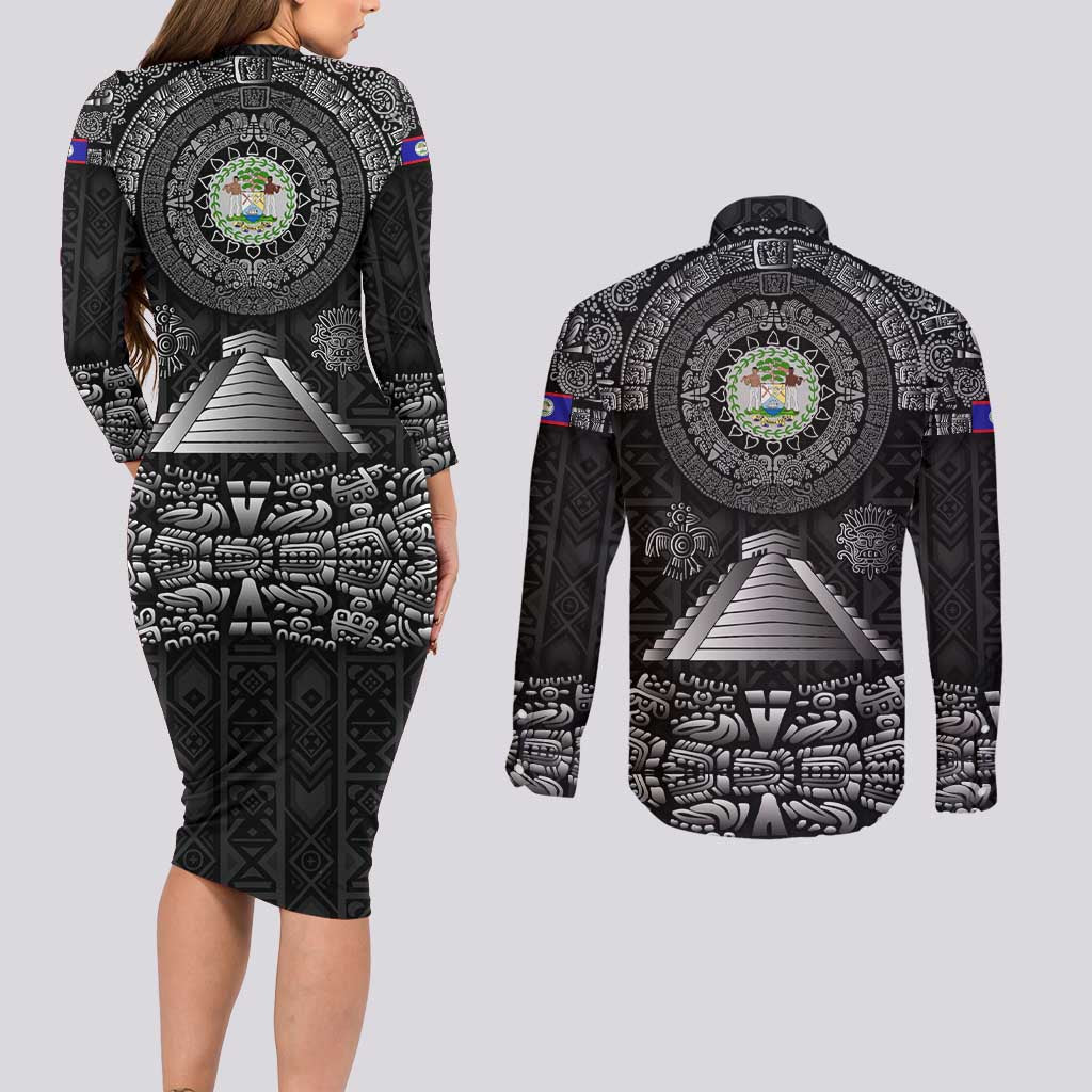 Belize Tribal Pattern Couples Matching Long Sleeve Bodycon Dress and Long Sleeve Button Shirt with National Emblem and Mayan Pyramid Design