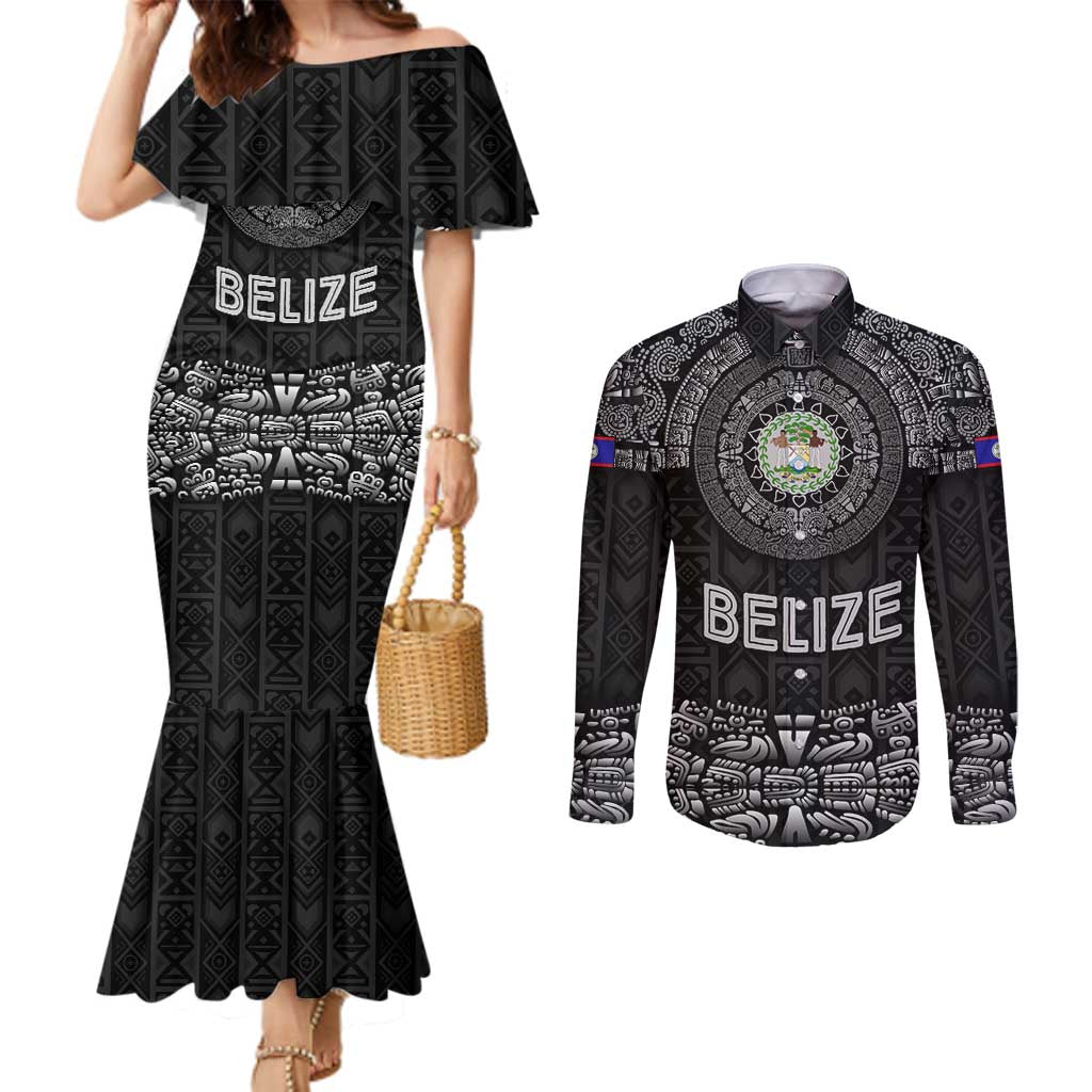 Belize Tribal Pattern Couples Matching Mermaid Dress and Long Sleeve Button Shirt with National Emblem and Mayan Pyramid Design