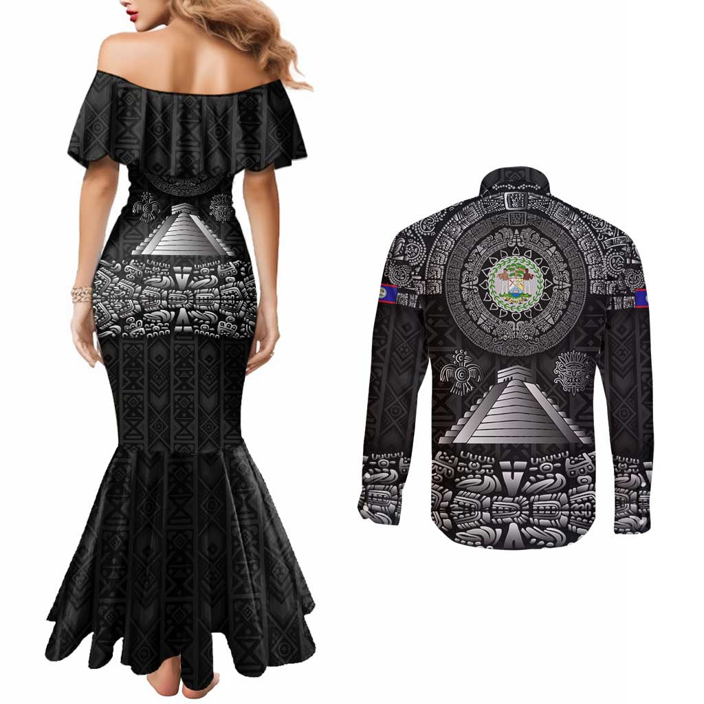 Belize Tribal Pattern Couples Matching Mermaid Dress and Long Sleeve Button Shirt with National Emblem and Mayan Pyramid Design