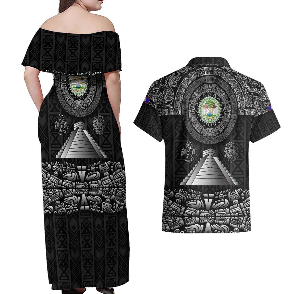 Belize Tribal Pattern Couples Matching Off Shoulder Maxi Dress and Hawaiian Shirt with National Emblem and Mayan Pyramid Design