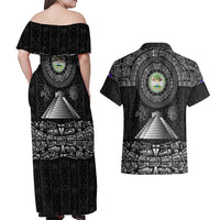Belize Tribal Pattern Couples Matching Off Shoulder Maxi Dress and Hawaiian Shirt with National Emblem and Mayan Pyramid Design
